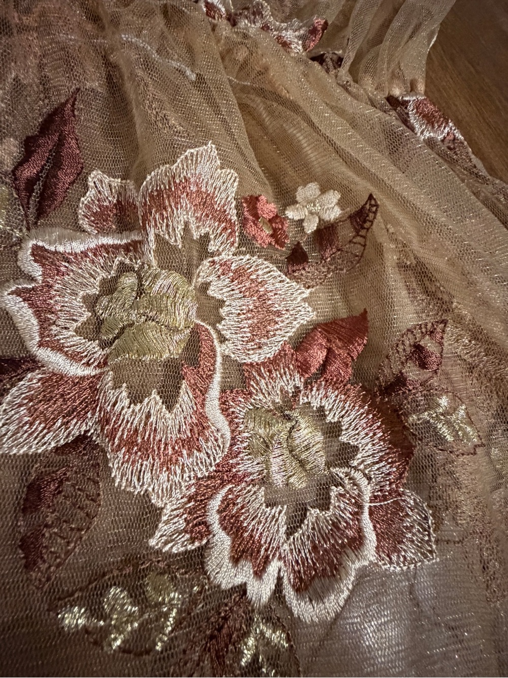 Boho Stretchy Sheer Floral Embroidered Mesh Tulle Mini Dress Overlay Brown Beige - Picture 8 of 8